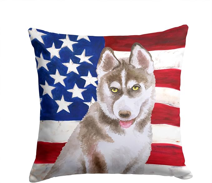 Caroline's Treasures BB9696PW1414 Siberian Husky Grey Patriotic Fabric Decorative Pillow Machine Washable, Indoor Outdoor Decorative Pillow for Couch, Bed or Patio, 14Hx14W