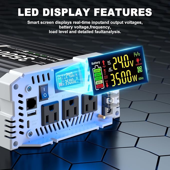 3500 watt Pure sine Wave Inverter, 24V DC to 110V AC Power Inverter, with 3 AC Output sockets, USB Port, Type-C Port, Remote Control with LCD Screen, Used for Solar Emergency Power Supply in RV Homes