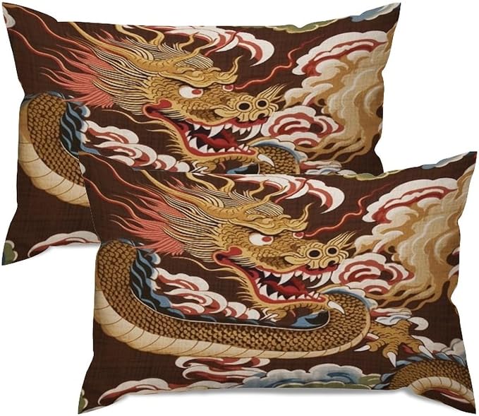 Set of 2 Chinese Oriental Style Asian Dragon Gold Pillow Covers 12x18in Farmhouse Canvas Cushion Covers Outdoor for Couch Chair Home Decor for Family Friends