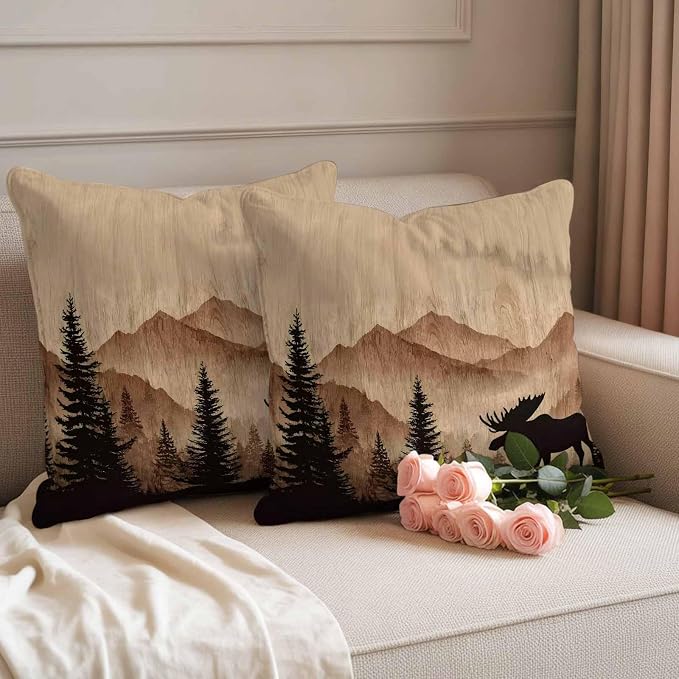 Moose Silhouette Outdoor Pillow Covers 24"x24" Set of 2, Nature Mountain Landscape Waterproof Throw Pillow Covers for Patio Furniture, Decorative Cushion Covers for Porch