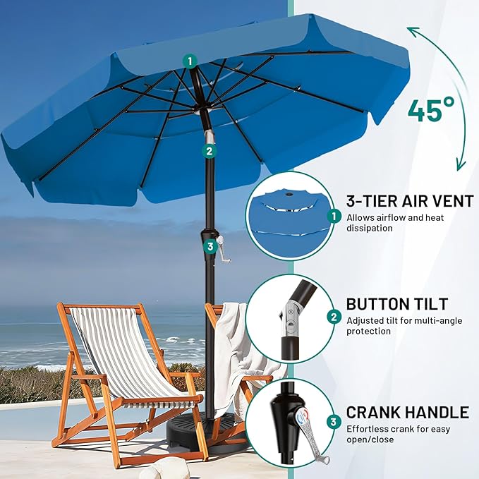 AreShark 10FT 3-Tiers Patio Umbrella with Valance, Outdoor Umbrellas with Crank/Tilt, Table Market Umbrella Vented w/ 8 Sturdy Ribs for Garden, Deck, Backyard, and Pool, Royal Blue
