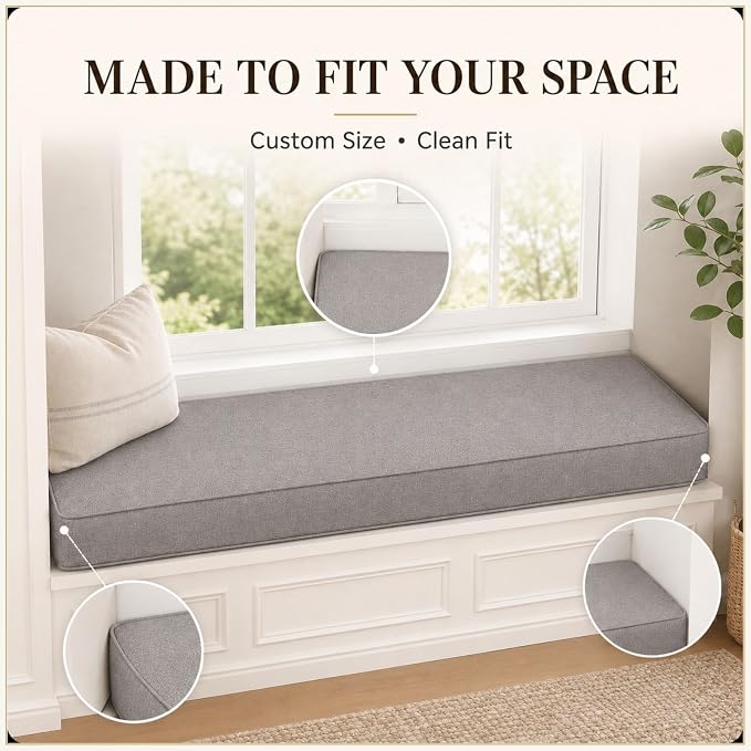 Custom Window Seat Cushion, Bench Cushion Made to Fit | 75D high-density foam, fabric, thickness and shape options, hidden zipper, optional piping, non-slip bottom, indoor furniture