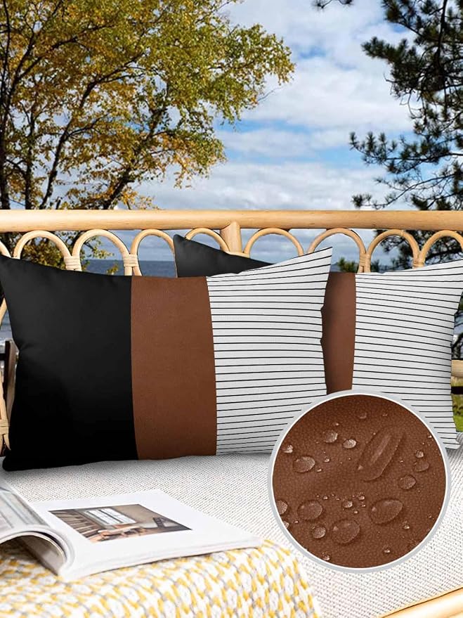 Outdoor Waterproof Throw Pillow Covers Set of 2 Brown Black Lines Lumbar Pillowcases 20x12 Inches Boho Style Patio Decorative Pillows Cushion Case Patio Pillows for Couch Bed Chair Garden