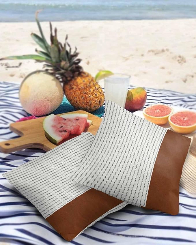 Outdoor Waterproof Throw Pillow Covers 24x24in, Bohemian Boho Stripes Cushions for Garden Patio Furniture Chairs Set of 2, Black Gold Home Decor Couch Sofa Polyester Pillow Cases