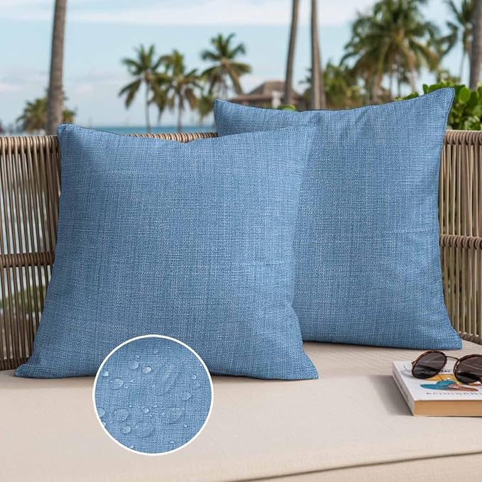 Pack of 2 Waterproof Outdoor Pillow Covers 24x24 Inch Decorative Pillow Covers Blue Burlap Texture Throw Pillowcases Farmhouse Vintage Blue Outdoor Cushion Cover for Couch, Patio, Tent