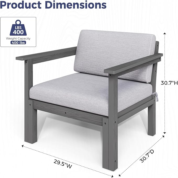 Modular Outdoor Patio Furniture Arm Seat, HIPS All-Weather Outdoor Sectional Sofa with High-Density Thick Cushions, Easy Side Interlock, Patio Seat for Backyard, Balcony, Deck (Grey)