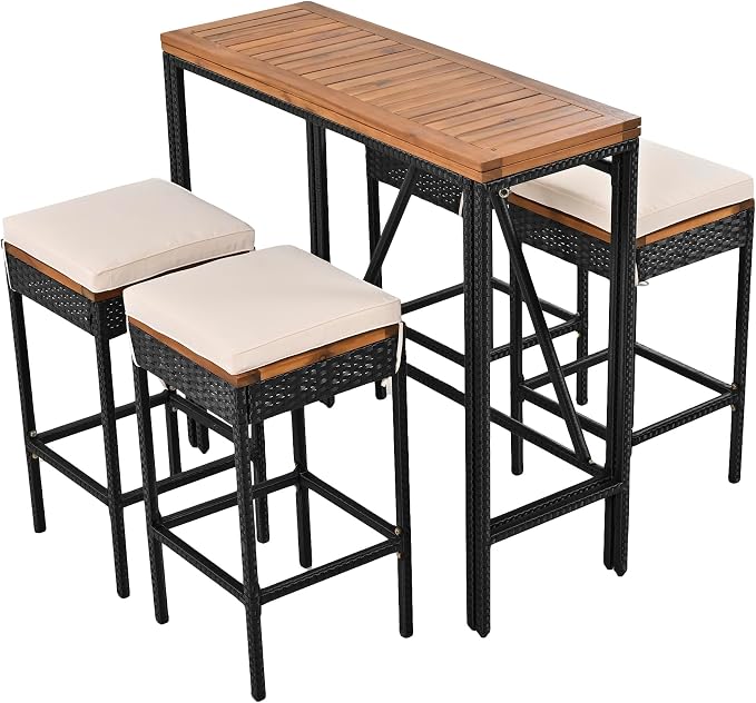 5-Piece Outdoor Patio Dining Set, Acacia Wood Bar Height Table with Foldable Tabletop and Four Stools with Cushions, High-Dining Bistro Set