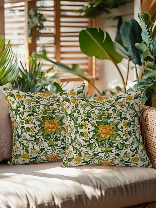 Outdoor Pillows with Inserts Set of 2 16x16, Yellow Green Boho Waterproof Outdoor/Indoor Throw Pillows, Classic Floral Farmhouse Botanical Decorative Pillow for Bed Couch Sofa Patio Furniture