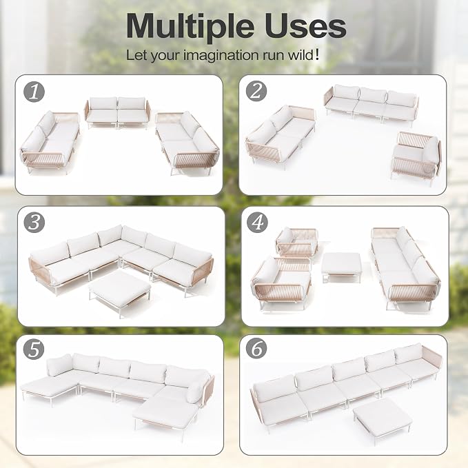 Patio Furniture Set, Outdoor Patio Furniture Oversized Metal Single Sofa, 2-seat Conversation Set with Cushion for Indoor and Outdoor, White Frame and Beige Mat, （2 Seats 2 Armrests）