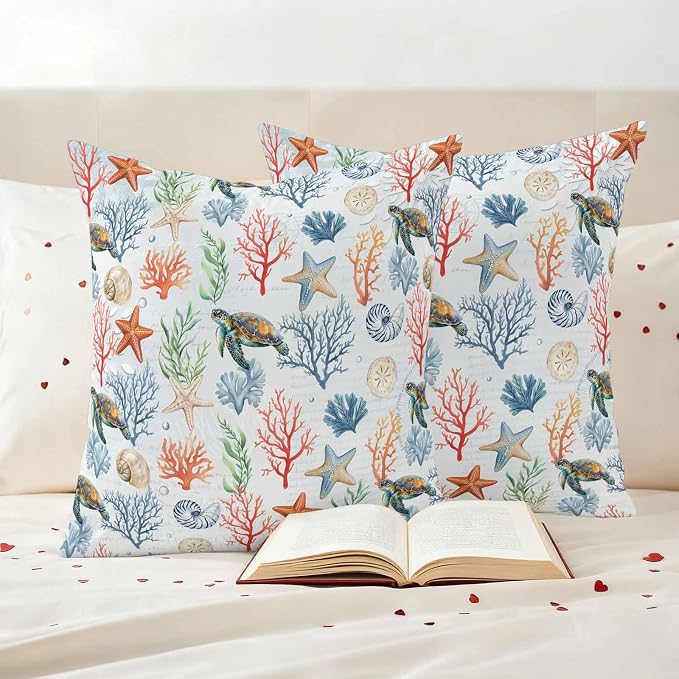 Summer Ocean Outdoor Waterproof Pillow Covers Pack of 2, Blue Nautical Sea Turtles Shells Corals Starfish Decorative Throw Pillowcases Cushion Covers for Garden Patio Tent Sofa Couch, 16x16 inch