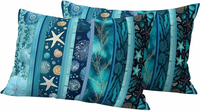 Turquoise Ocean Outdoor Waterproof Throw Pillow Covers Set of 2, 20"x12", Blue Stripes Starfish Coral Seaweed Luxury Decorative Pillow Covers Outside Cushion Case for Patio Porch Garden