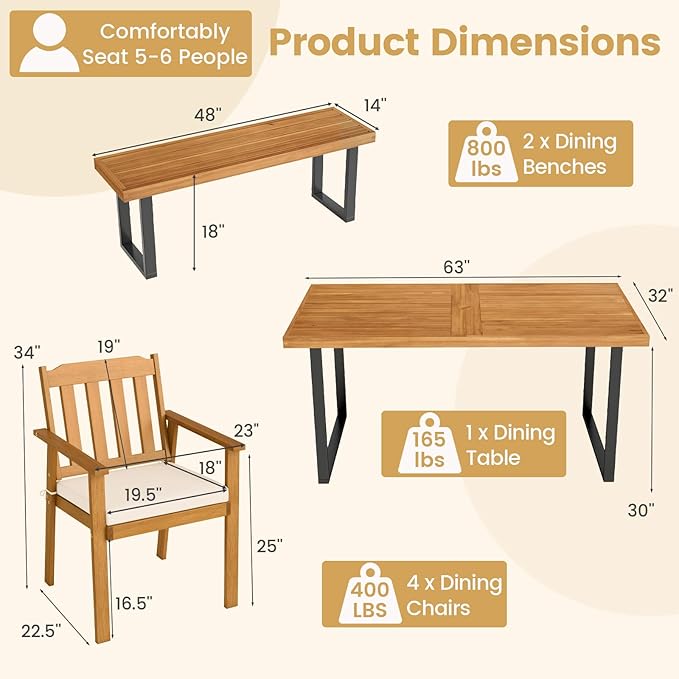Tangkula 6 Pieces Patio Dining Table Set, 63” Rectangle Acacia Wood Table with Umbrella Hole and 4 Cushioned Armchairs and Backless Bench, Outdoor Dinette Furniture for Garden Yard Kitchen