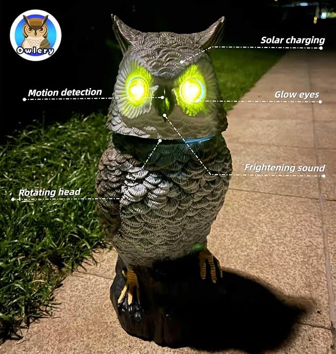 Brown Solar Owl with Motion Detector, Flashing Eyes, Spinning Head, Realistic Hooting and Silent Mode, Garden Owl, Outdoor Statue, Decoration for Home, Garden, Patio and Fence