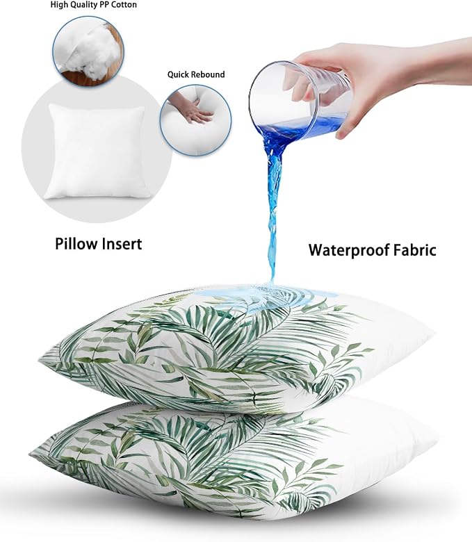 Outdoor Waterproof Throw Pillows Tropical Palm Leaves White Patio Pillows Pack of 2,Decorative Pillow Covers with Insert,Pillow Cushion Case for Garden Couch Sofa Pastoral Green Leaf Plant