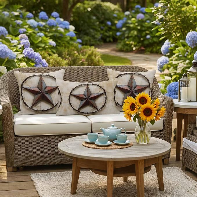 Texas Star Vintage Waterproof Outdoor Pillow Covers Set of 2 Home Decor, Abstract Country Stars Modern Pillowcase Patio Pillow Covers for Couch Bench Furniture Garden 18x18in
