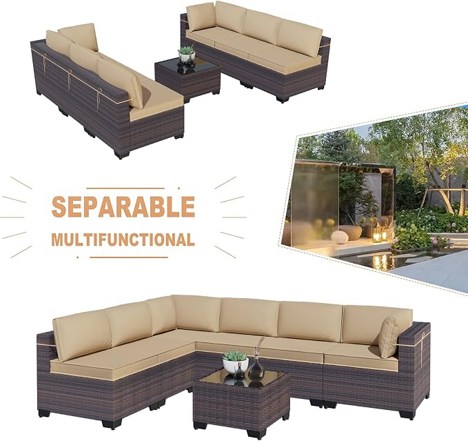 Kullavik 7 Pieces Outdoor Patio Furniture Set,Sectional Rattan Sofa Set Brown PE Rattan Wicker Patio Conversation Set with Tempered Glass Coffee Table and Washable Cushions Covers,Sand
