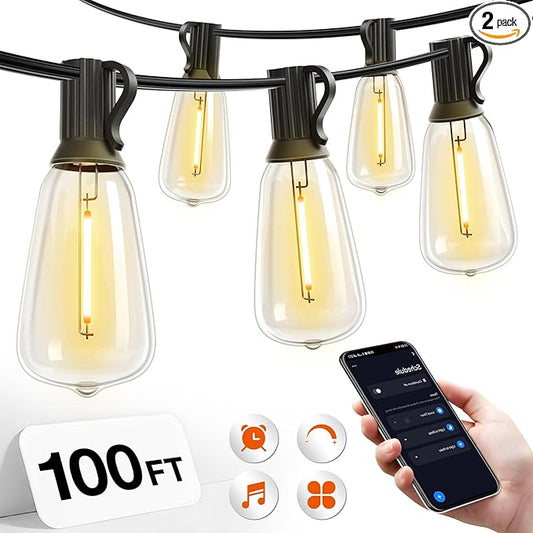 addlon 100FT Outdoor String Lights ST38 LED with APP Control Waterproof | Dimmable Shatterproof Replaceable Bulbs, Connectable Hanging Strand for Porch Backyard Patio Garden Deck Outside