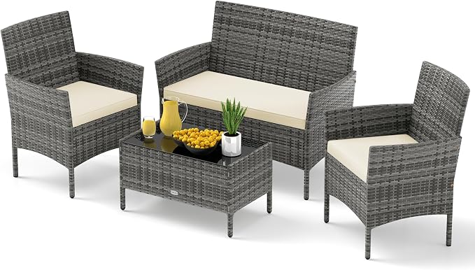 Tangkula 4 Pieces Patio Rattan Conversation Set, Outdoor Wicker Furniture Set with Cushioned Chair, Loveseat & Tempered Glass Table, Outside Sectional Sofa Set for Backyard (G-Beige,1)