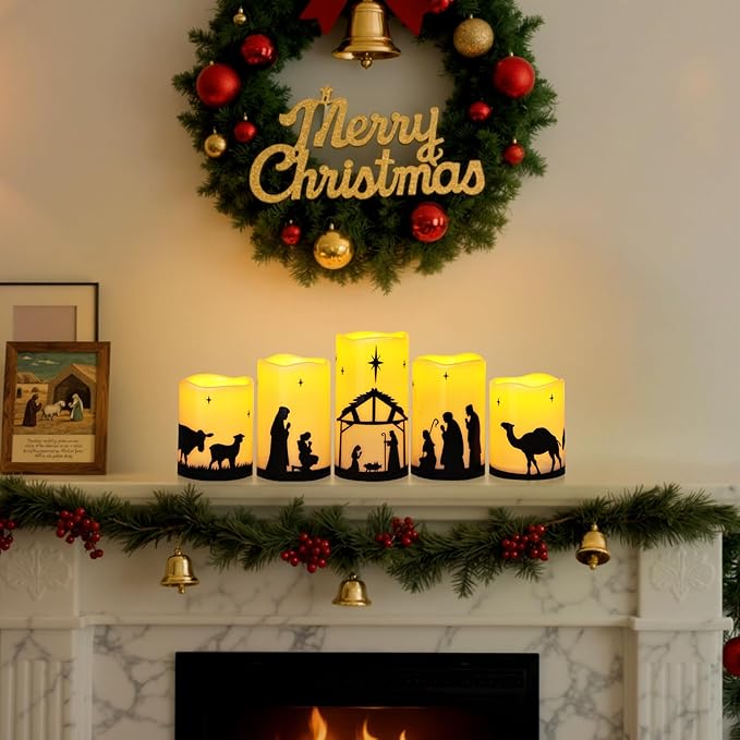 Religious Christian Gifts for Women Faith, Bible Gifts, Catholic Gifts - Nativity Set, Nativity Scene Flameless Candles, God Jesus Birth, Church Home Table Decorations Centerpieces