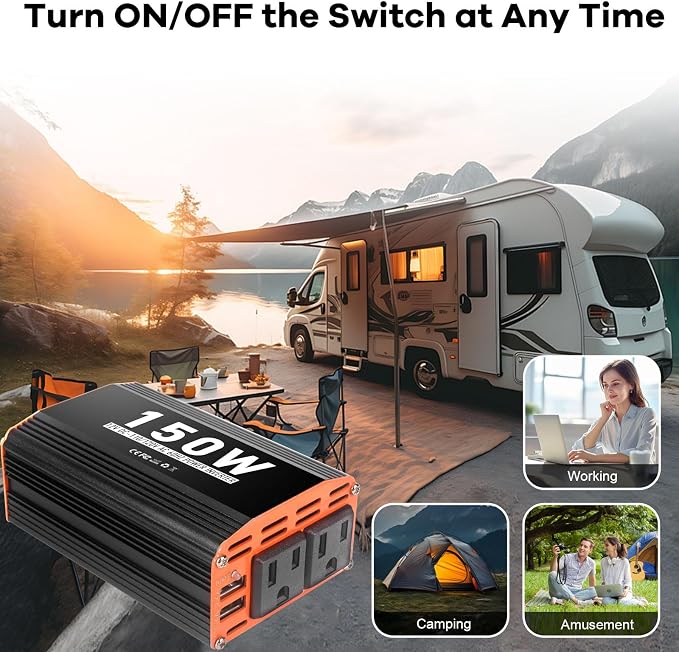 150W Car Power Inverter 12V AC to 110V/120V DC Converter Peak Power 300W Indoor & Outdoor Use with 2 AC Outlets & 2 USB Ports Car Laptop Charger Car Adapter