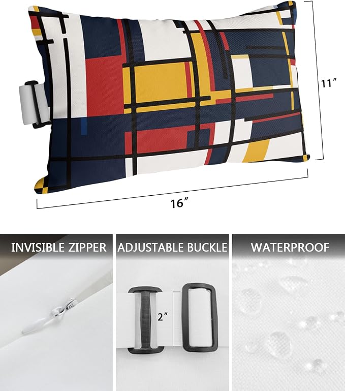 Outdoor Pillows Covers with Inserts Abstract Geometric Blue Orange Red Blocks Waterproof Recliner Pillow with Adjustable Strap Throw Pillows for Patio Furniture Pool Lounge Chair, 11x16 inch, 2PCS