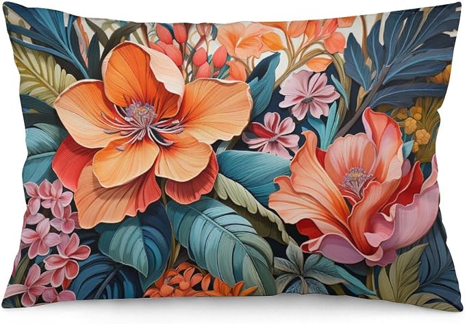 Tropical Flower Leaves Cushion Case 16 "x24 Hawaiian Flower Oblong Lumbar Throw Pillow Cover Zipper Pillowcase Outdoor Pillows for Patio Furniture Bedroom Decor Decoration
