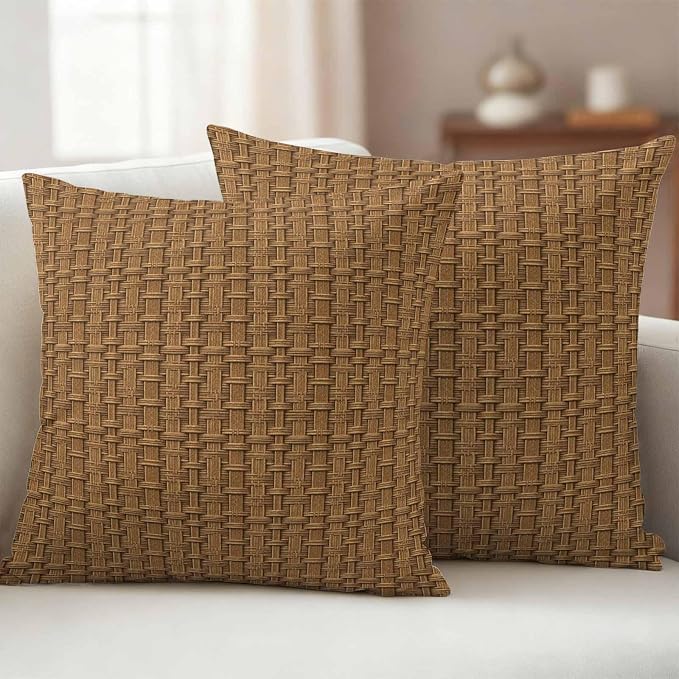 Vintage Rattan Outdoor Pillow Covers 20x20 Inch Throw Pillow Covers Set of 2 Waterproof Decorative Pillow Cases Minimalist Abstract Wicker Texture Brown Cushion Covers for Patio Furniture Garden Couch