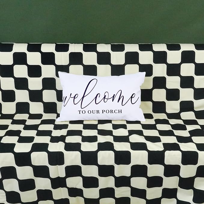 ONWAY White Outdoor Welcome Throw Pillow Covers 12x20 Inch Waterproof Black and White Decorative Cushion Cover for Patio Furniture Garden Spring Summer Decor