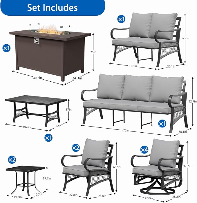 12 Piece Patio Furniture Set, All Weather Metal Outdoor Conversation Set with 50000 BTU Propane Fire Pit Table and 5" Thick Cushions, Sectional Sofa for Garden, Porch, Lawn, Grey
