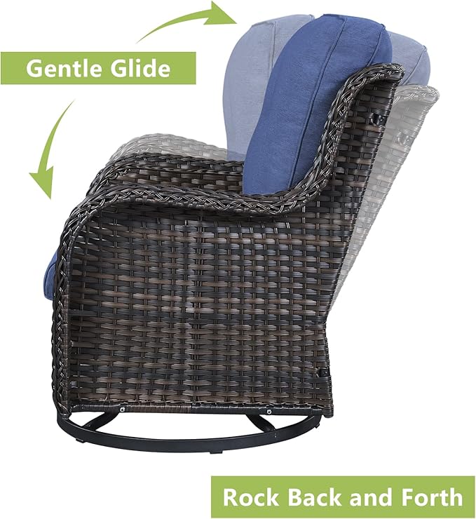 Rilyson 5 Piece Outdoor Patio Furniture Set - Rattan Wicker Patio Conversation Sets with 2 Swivel Rocker Chairs,2 Ottomans and 1 Sofa for Outside Porch Deck Backyard(Brown/Blue)