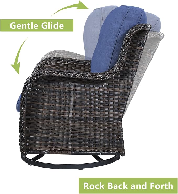 Rilyson Wicker Patio Furniture Set - 7 Piece Rattan Outdoor Sectional Conversation Sets with 4 Swivel Rocking Chairs,2 Ottomans and 1 Sofa for Porch Deck Garden(Brown/Blue)