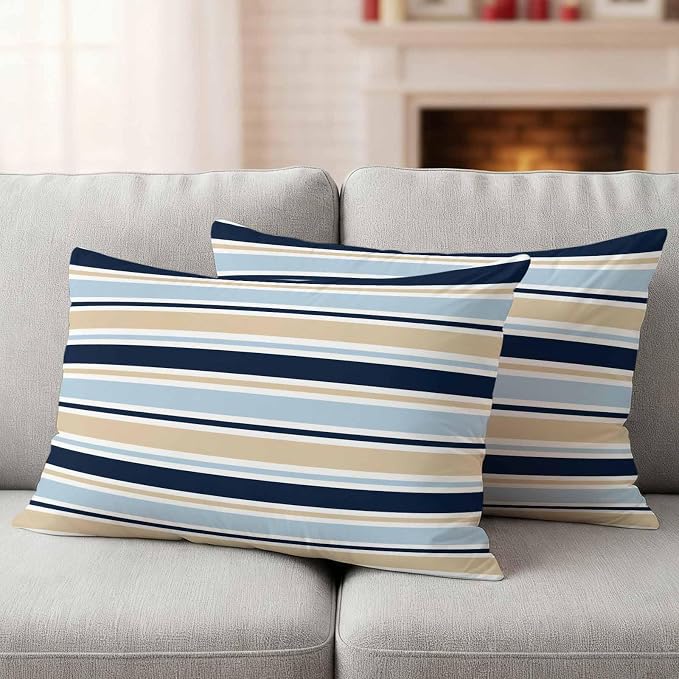 Navy Blue Khaki Striped Outdoor Pillow Cover 12x20 Inch Cushion Sham Case, Farmhouse Stripes Modern Abstract Art Waterproof Decorative Square Throw Pillowcase for Outside Garden Patio Porch Couch