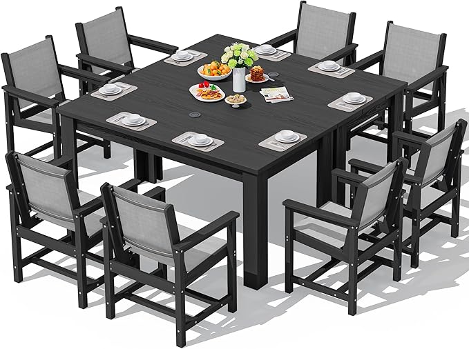 SERWALL 10 Piece Outdoor Dining Table Sets for 8 with 2 Umbrella Hole Cut-Out Rectangular Tables and 8 Textilene Chairs, HDPE Dining Table Sets for Garden, Backyard, Poolside, Black
