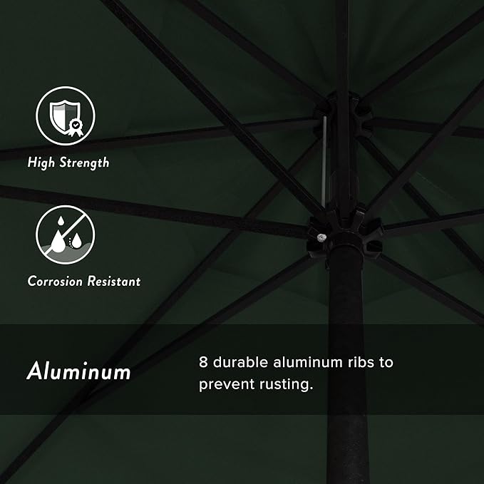 California Umbrella 12-Year Protection 9' Rd Aluminum Patio Umbrella, Crank Lift, Auto Tilt, Black Finish, Sunbrella Forest Green