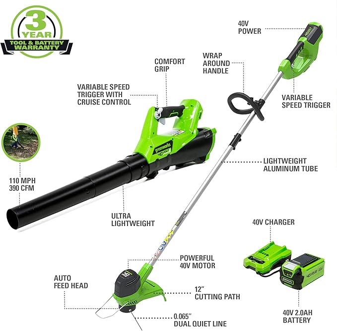 Greenworks Pro 80V 21" Brushless Cordless Lawn Mower, 4.0Ah Battery and 60 Minute Rapid Charger Included & 40V Cordless String Trimmer and Leaf Blower Combo Kit, 2.0Ah Battery and Charger Included
