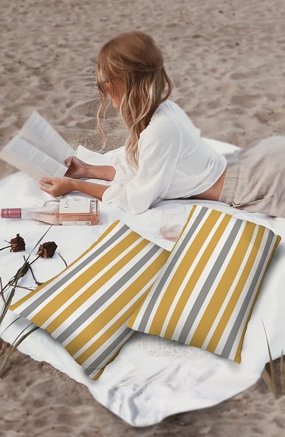 Outdoor Waterproof Pillow Covers for Patio Furniture Orange, Grey and White Stripes Decorative Throw Pillow Cover Farmhouse Stripe Pillowcases Set of 2 Cushion Case for Sofa Couch Chair 20 x 12 In