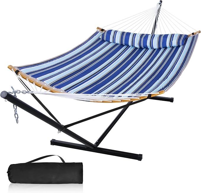 12 Ft Hammock with Stand for Outside, 2 Person Hammock Freestanding with Curved Spreader Bars, Pillow and Portable Bag, Heavy Duty 450 Lbs, Blue Stripes