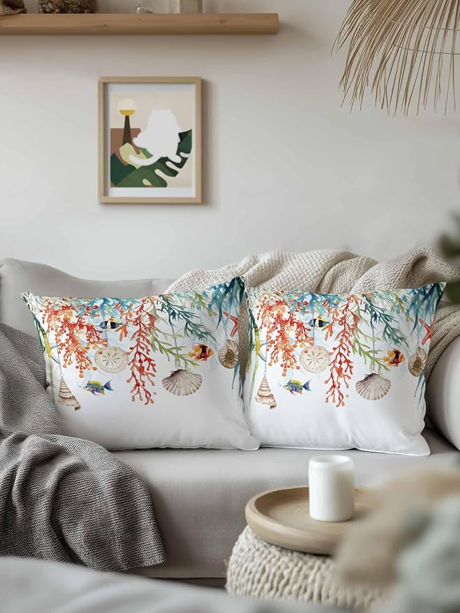 Outdoor Waterproof Throw Pillows Summer Colorful Coral Shell Conch Patio Pillows Pack of 2,Decorative Pillow Covers with Insert,Pillow Cushion Case for Garden Couch Sofa Sea Starfish Fish Marine Life