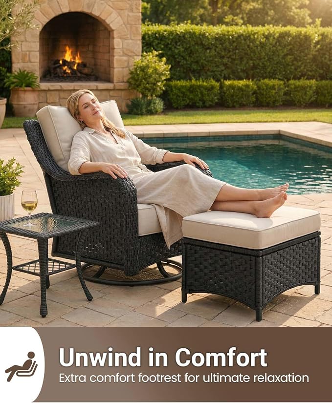 6 Pieces Outdoor Furniture Set with 6-inch Cushions, High Back Wicker Swivel Rocker Chairs with Coffee Table, Luxury Conversation Set for Deck Patio and Poolside