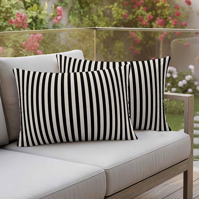 Black Beige Stripe Outdoor Pillow Covers Set of 2 Vintage Abstract Classic Minimalist Vertical Striped Waterproof Throw Pillow Cover Decorative Cushion Cases for Patio Porch Garden 20X12 Inch