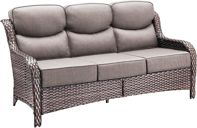 71'' Patio Couch Outdoor Wicker Sofa, Heavy Duty All-Weather Rattan 3-Seater Sofa with Deep Seating and Removable Cover, Outdoor Patio Furniture for Deck Porch Sunroom Backyard Brown/Grey