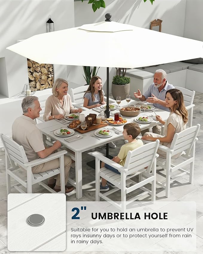 FOOWIN Outdoor HDPE Dining Table Set 7-Piece All Weather Patio Dining Set with Umbrella Hole,Outdoor Patio Furniture Dining Set for 6,Patio Kitchen Table Set for Garden,Backyard,Poolside, White