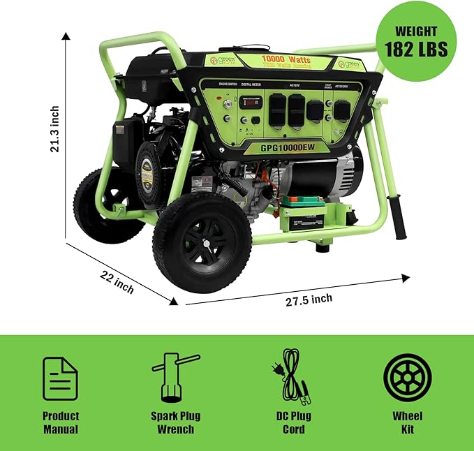 Green-Power America 10000 Watt Gasoline Powered Generator, Electric & Recoil Start, 12V/8.3A Charging Outlets, Whole House Backup & RV Ready, 49 State EPA Approved (Not for California Sale)