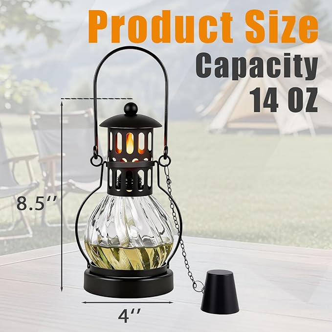 2 Pack Glass Table Top Torches, 14 oz Citronella Torches for Outside, Features hanging handles, Refillable Flame Light Torch, Decorative Tabletop Lantern for Yard, Patio, Garden, Party, Landscape