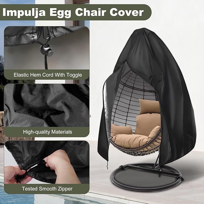 Patio Egg Chair Cover with Zipper,Outdoor Hanging Egg Chair Cover,UV Resistant,Windproof Heavy Duty,Wicker Egg Swing Chair Covers,Fits Single Seat Egg Chair,75"" x 45"",Black