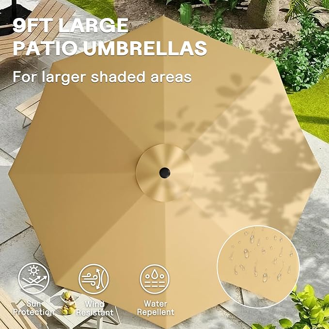 CHABATREE 9FT Outdoor Patio Umbrella with Easy Crank - UV Resistant & Waterproof Market Umbrella with Ventilated Canopy, 8 Sturdy Ribs & Powder-Coated Frame for Garden, Deck, Backyard, Pool, Patio Table