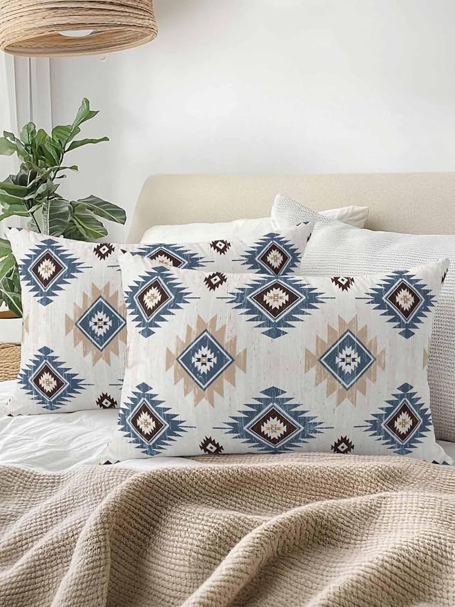 Waterproof Outdoor Pillow Set of 2 Blue Boho Aztec Decorative Throw Pillows Cover & Insert 20x12 Inch Lumbar Pillowcase Southwest Tribal Style Pillows for Couch Sofa Bed Patio Furniture Indoor Outdoor