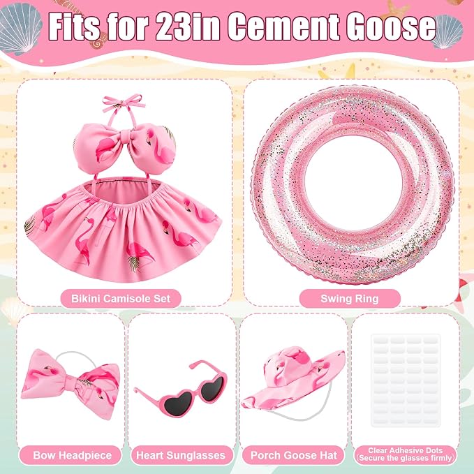 Summer Porch Goose Outfits Bikini - Hawaiian Porch Goose Clothes with Sunglasses and Swimming Ring for 23" Cement Goose Statue, Pink Flamingos Lawn Geese Costume Garden Yard Decor