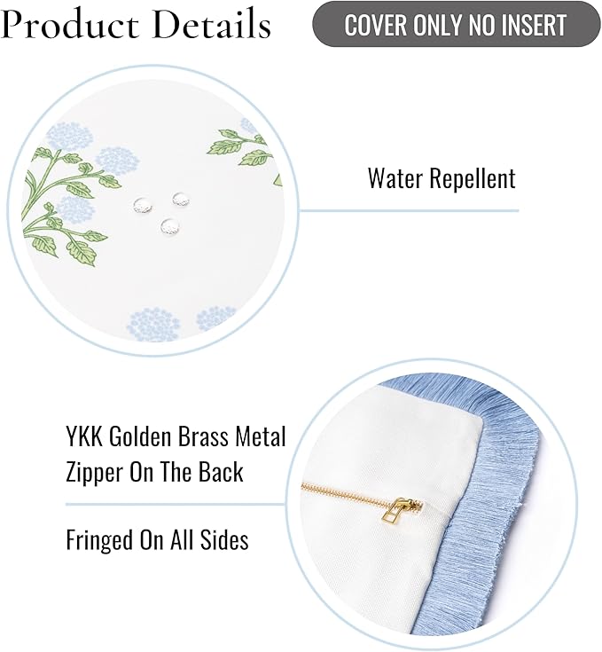 Hofdeco Premium Grandmillennial Coastal Hampton Patio Indoor Outdoor Throw Pillow Cover Only, 20"x20" Water Repellent for Backyard, Couch, Poolside, Baby Blue Green Print Hydrangea Flowers