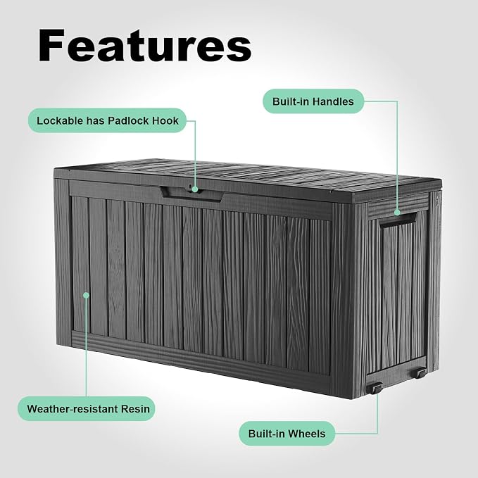 90 Gallon Large Waterproof Outdoor Deck Storage Box, UV Resistant Lockable Bin with Wheels & Built-in Handle, Outdoor Storage Container for Patio Furniture, Patio Cushions, Garden Tools(Black)